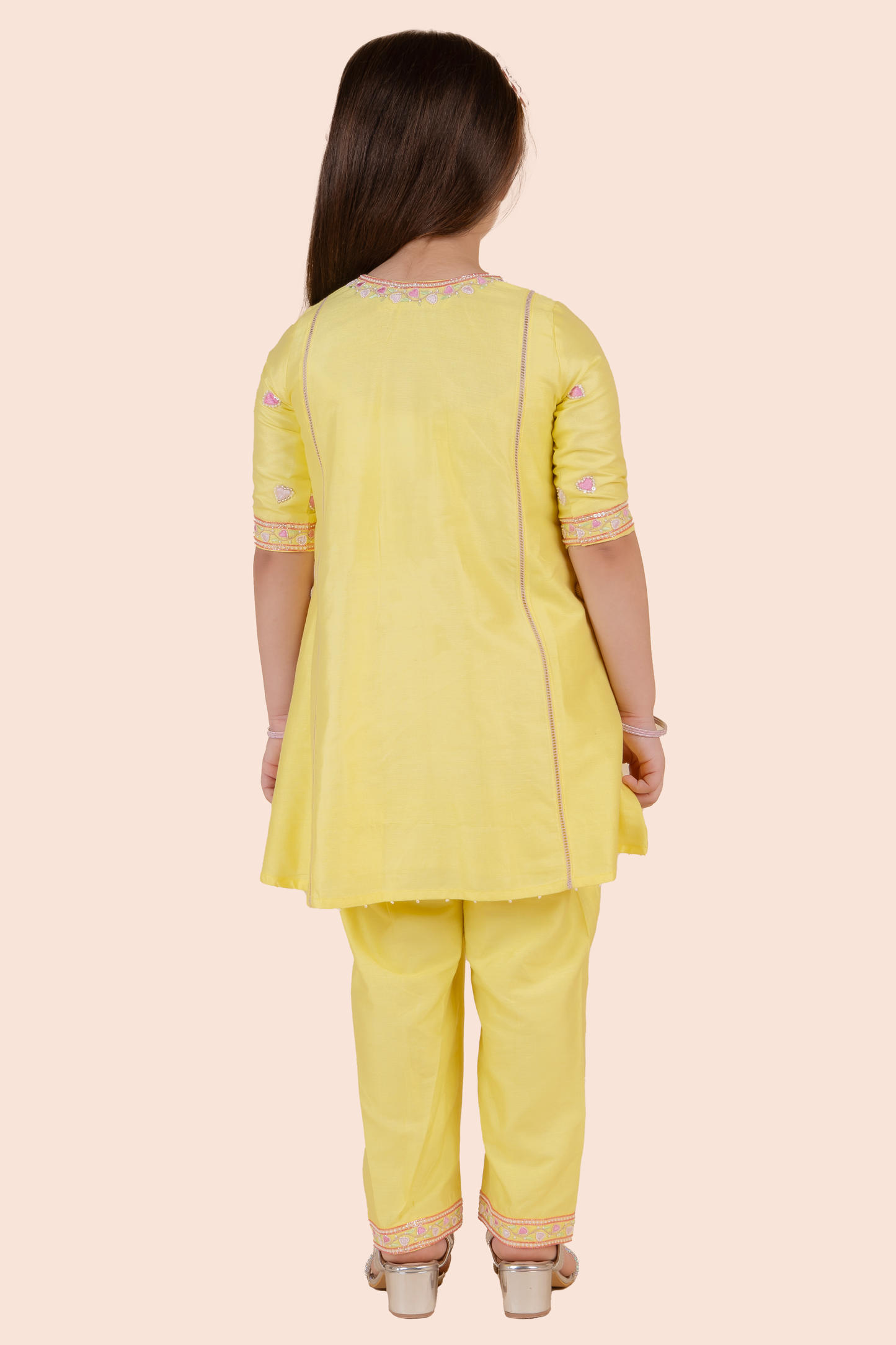 Yellow Cotton Silk Heart Embroidered A-Line Kurta Set