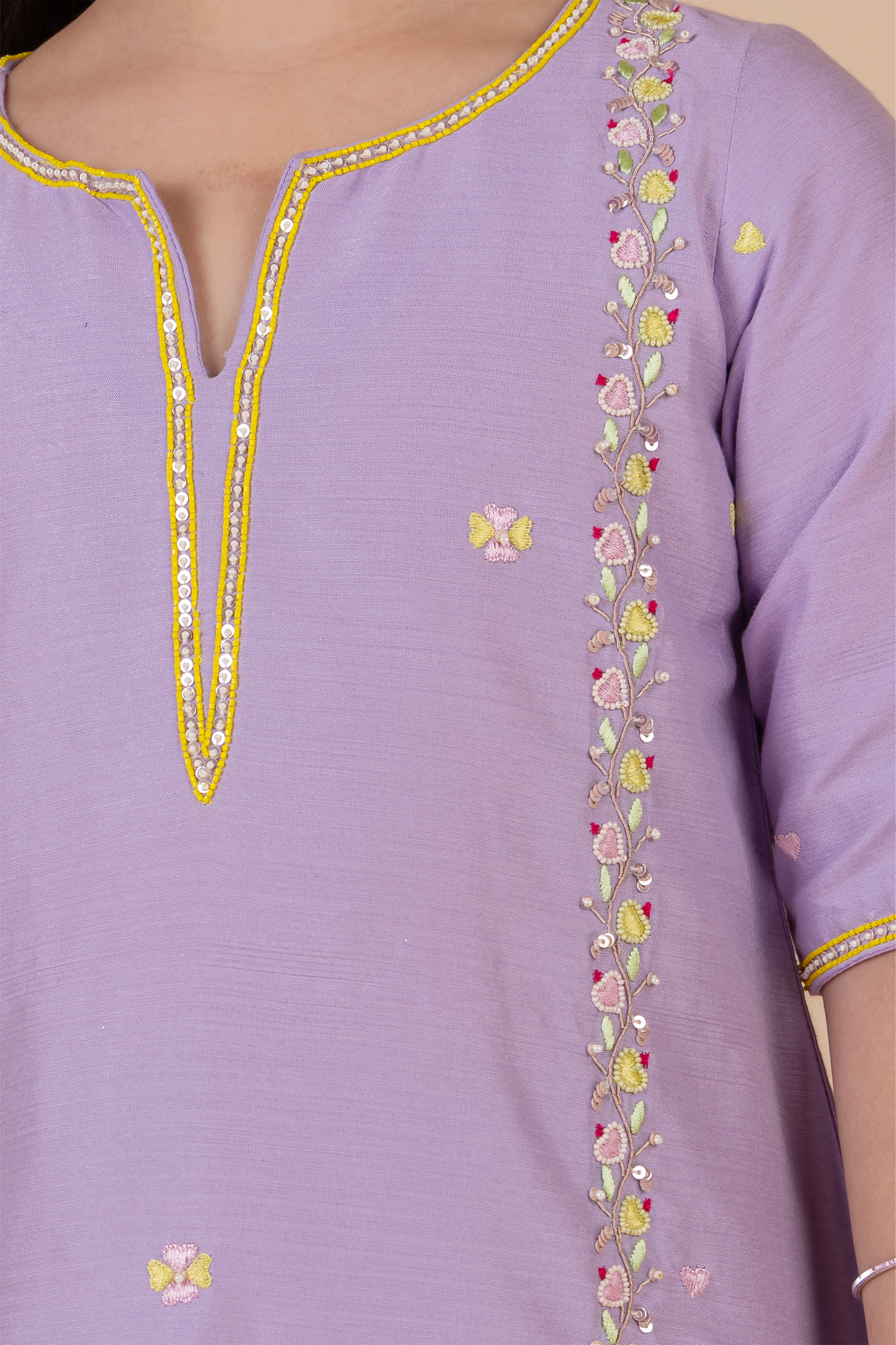 Lavender Cotton Silk Heart Embroidered A-Line Kurta Set