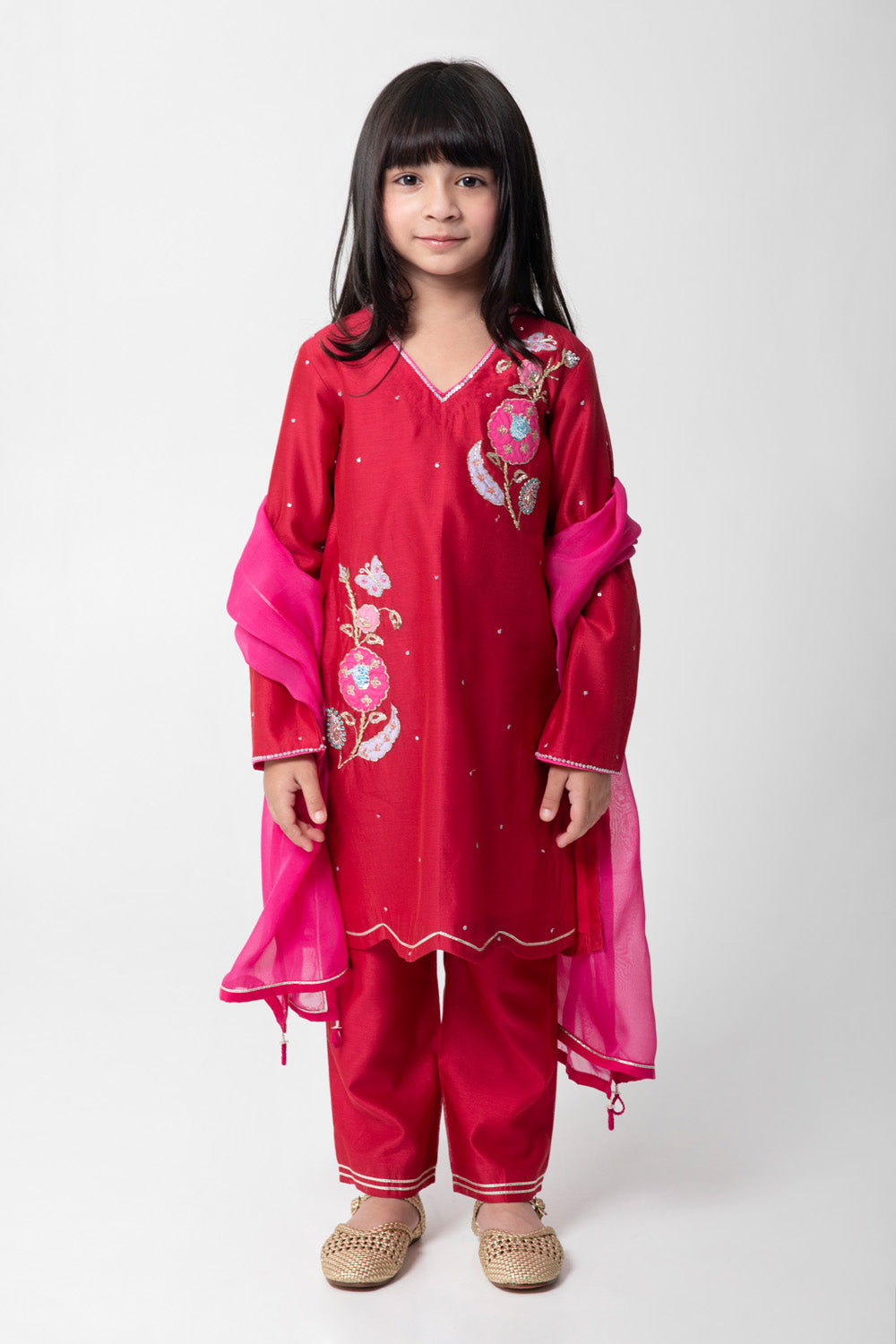 Cherry Colour Ethnic Suit With Very Attractive Embroidery With Matching Pants And Contrast Dupata