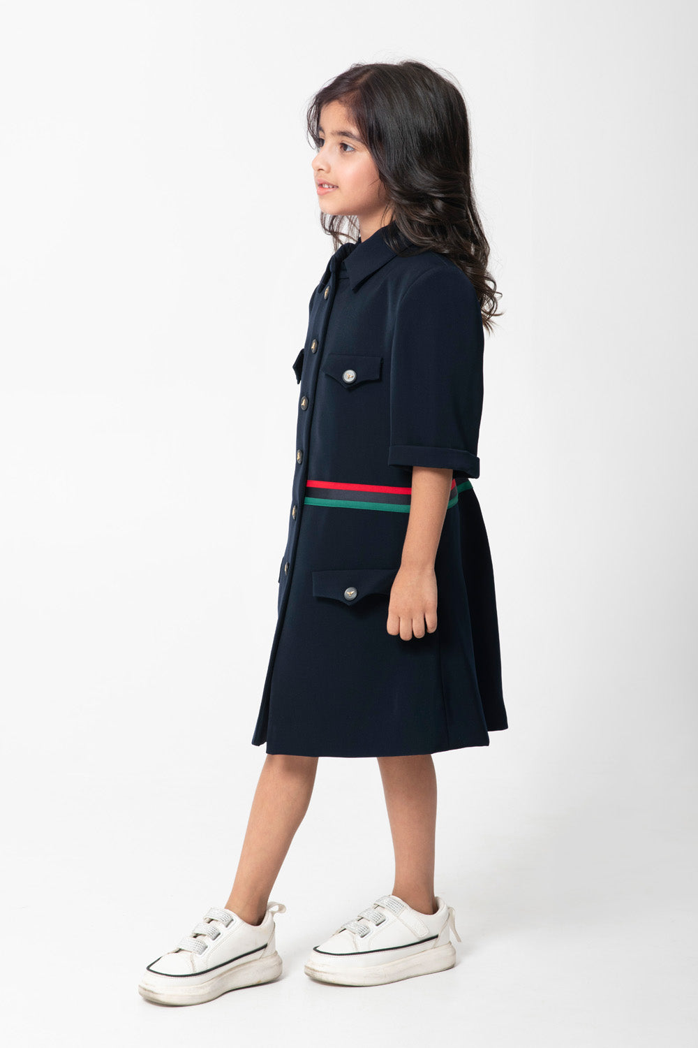 Navy Formal Dresses With Tape Detailing And Metal Buttons