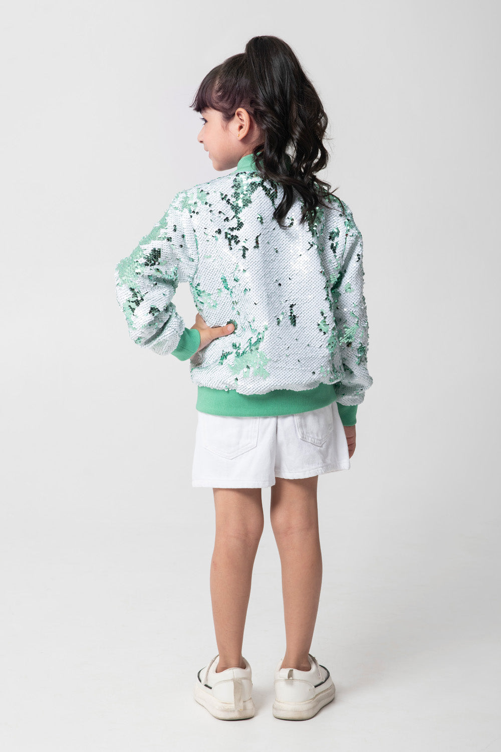 Mint And White Sequenced Bomber Jacket