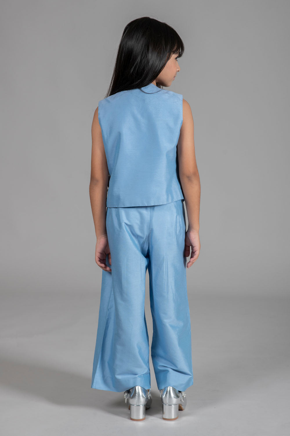 DENIM BLUE EMBROIDERED WAISTCOAT WITH WIDE LEG PANTS