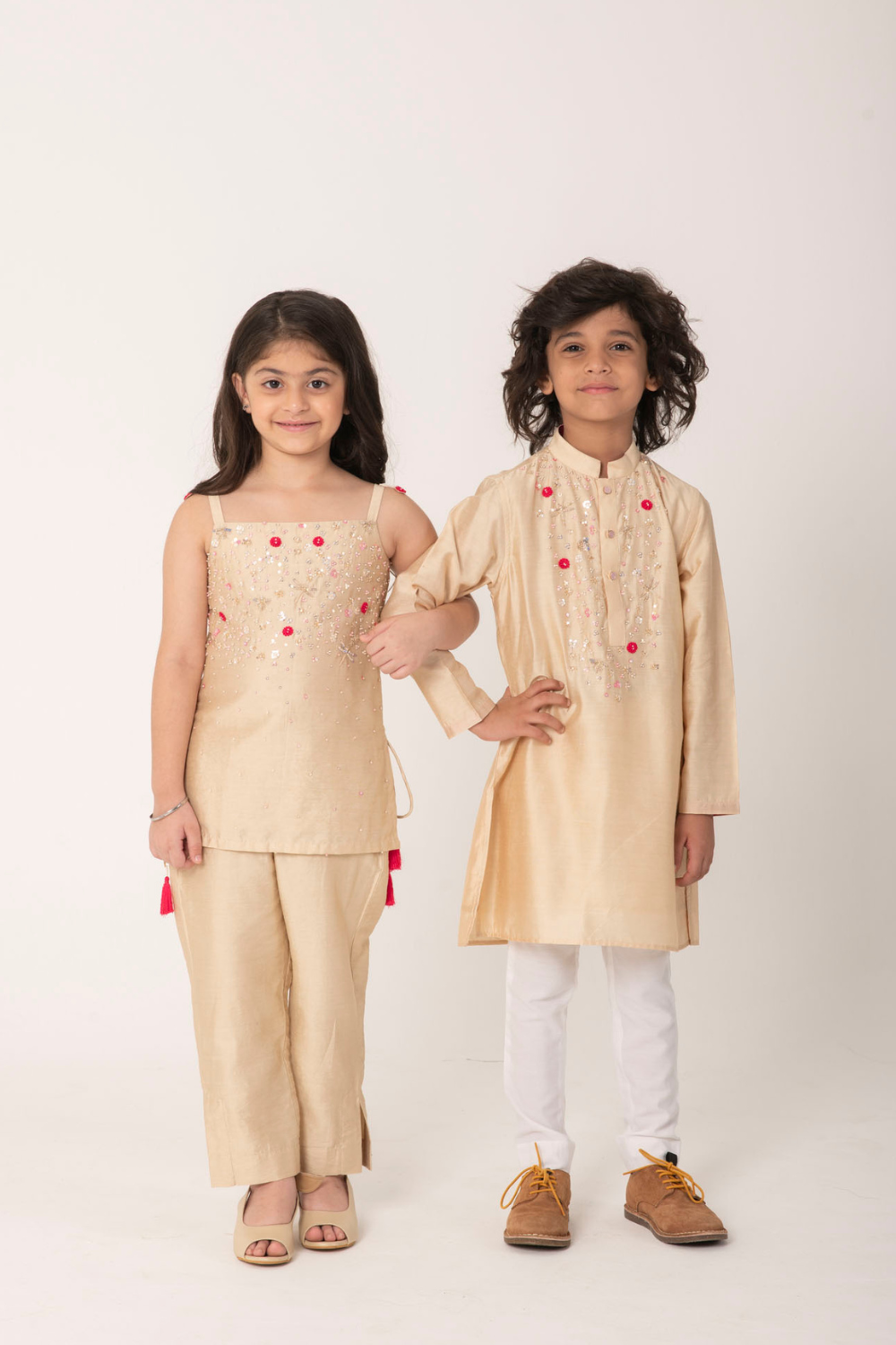 Boys & Girls Twinning Ethnic Set – Beige Embroidered