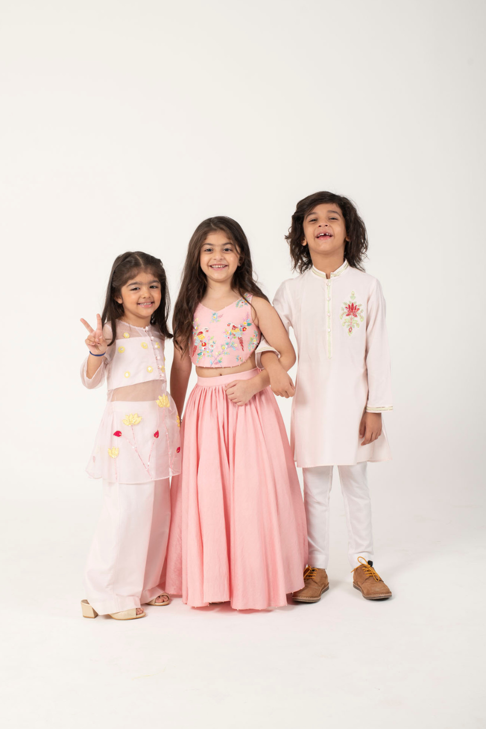 Peach Floral Embroidered Kids 3-Piece Festive Set