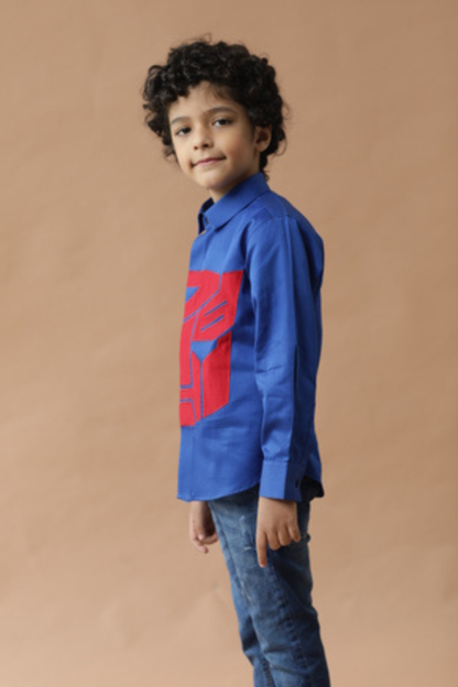 Royal blue shirt in cotton base with patch work