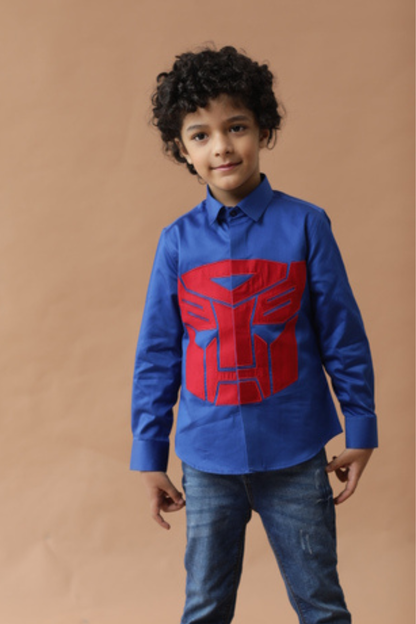 Royal blue shirt in cotton base with patch work