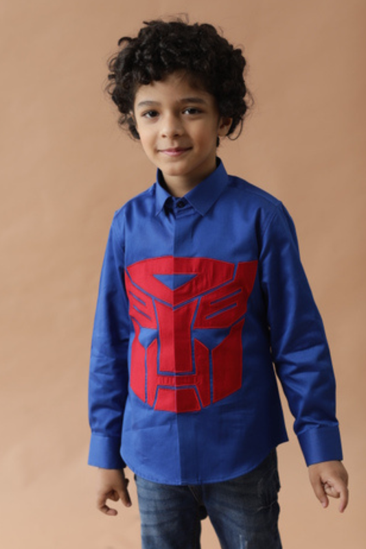 Royal blue shirt in cotton base with patch work