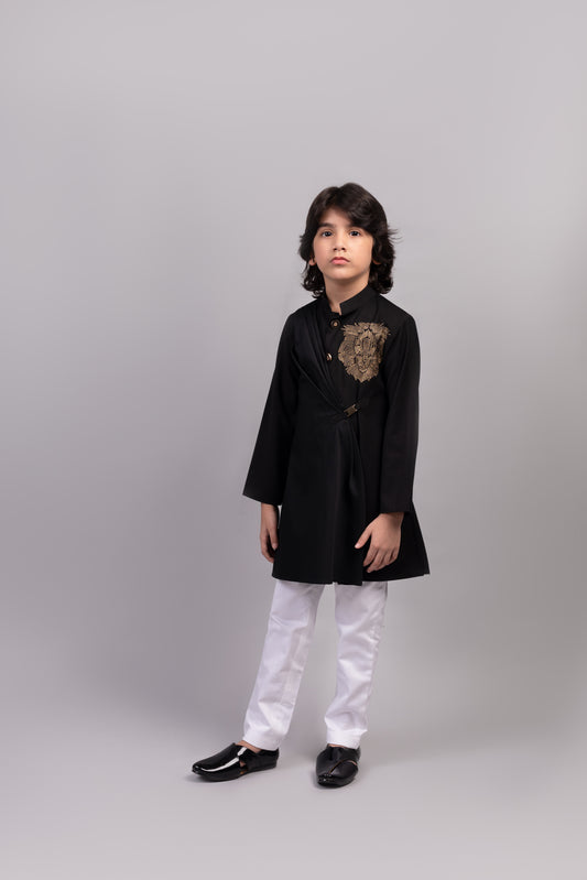 Black Lion Draped Kurta With White Pants