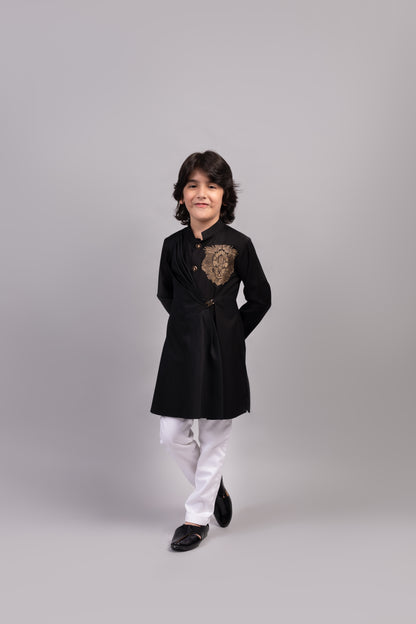 Black Lion Draped Kurta With White Pants