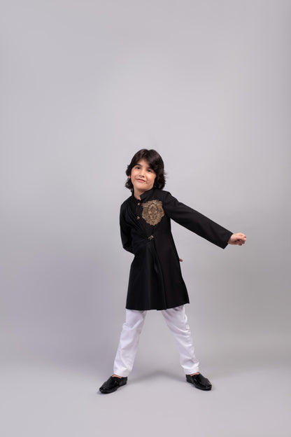 Black Lion Draped Kurta With White Pants