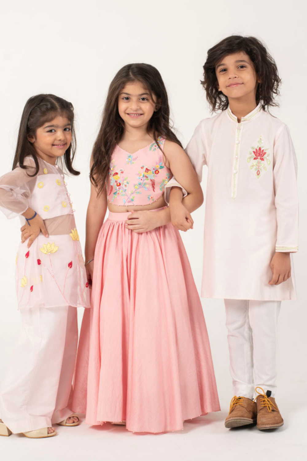 Peach Floral Embroidered Kids 3-Piece Festive Set