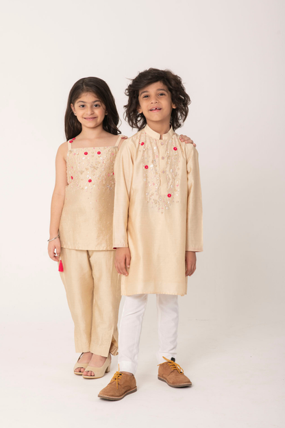 Boys & Girls Twinning Ethnic Set – Beige Embroidered
