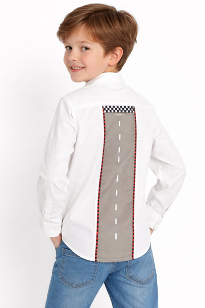 Motif on front racing track on back