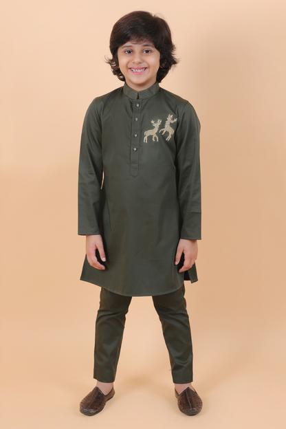 Olive Green Dear Embroidered Kurta Set