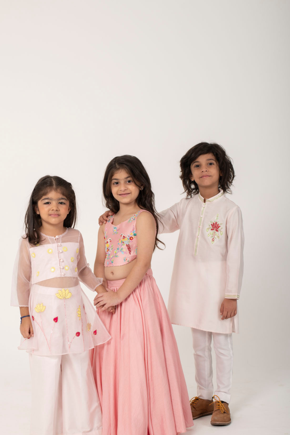 Peach Floral Embroidered Kids 3-Piece Festive Set