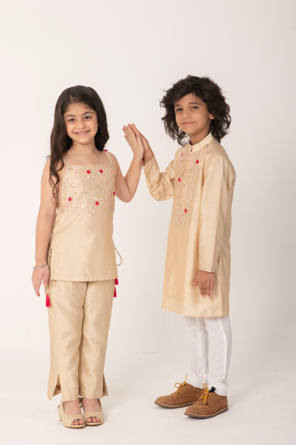 Boys & Girls Twinning Ethnic Set – Beige Embroidered