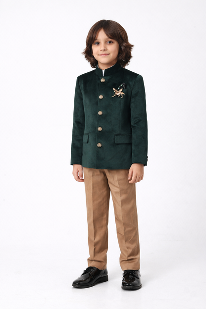 Green Velvet, Cotton Brooches Full Sleeve Jodhpuri Set.