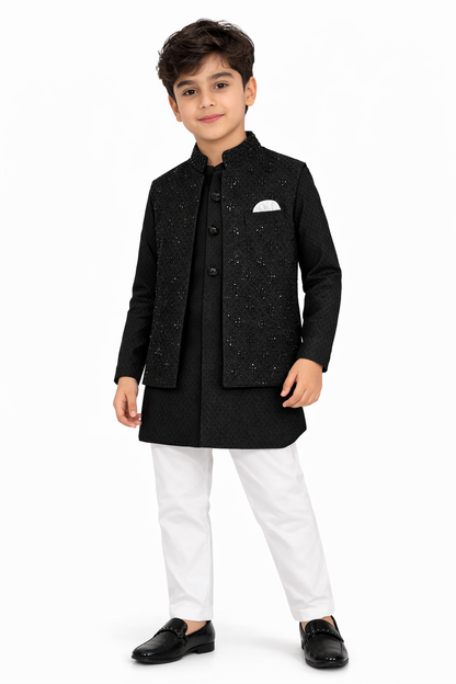 Textured Checkered Bundi Achkan Set.