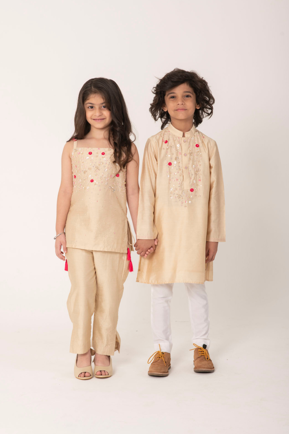 Boys & Girls Twinning Ethnic Set – Beige Embroidered