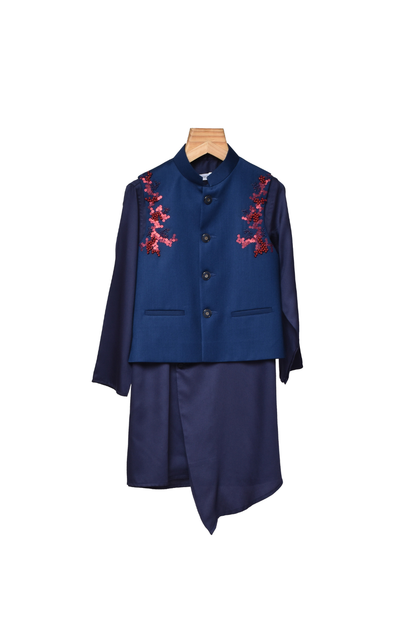 NAVY BLUE KURTA SET WITH BANDI JACKET