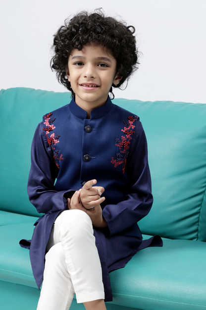 NAVY BLUE KURTA SET WITH BANDI JACKET