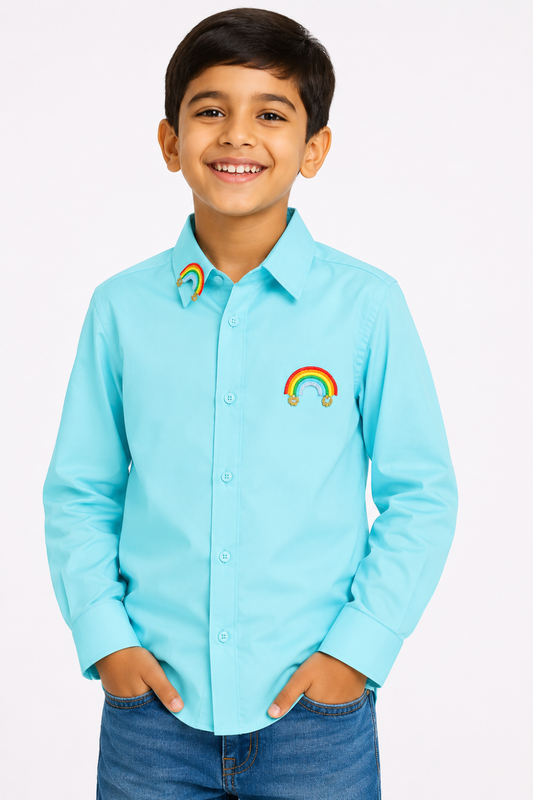 Rainbow Embroidered In Aqua Blue Shirt