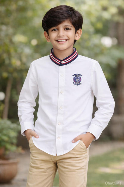 White Cotton Embroidery Band Collar Shirt