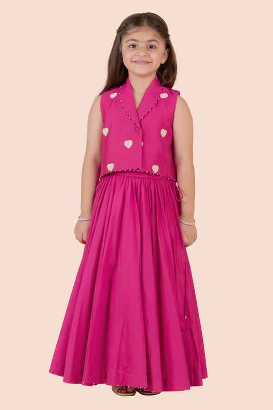 Pink Cotton, Silk Beads Embroidered Heart Motif Blazer And Lehenga Set