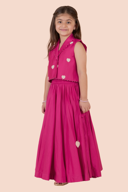 Pink Cotton, Silk Beads Embroidered Heart Motif Blazer And Lehenga Set