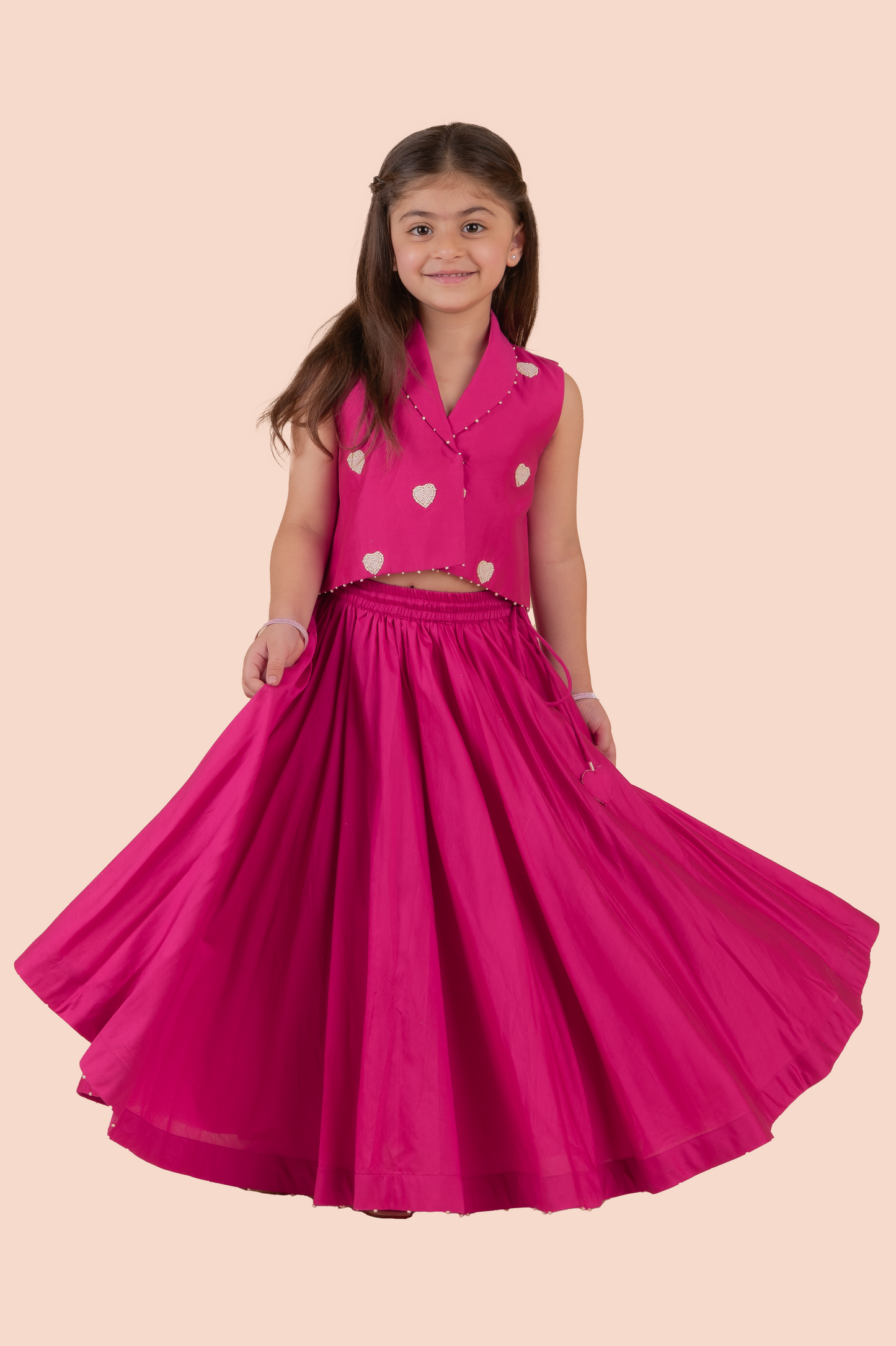 Pink Cotton, Silk Beads Embroidered Heart Motif Blazer And Lehenga Set