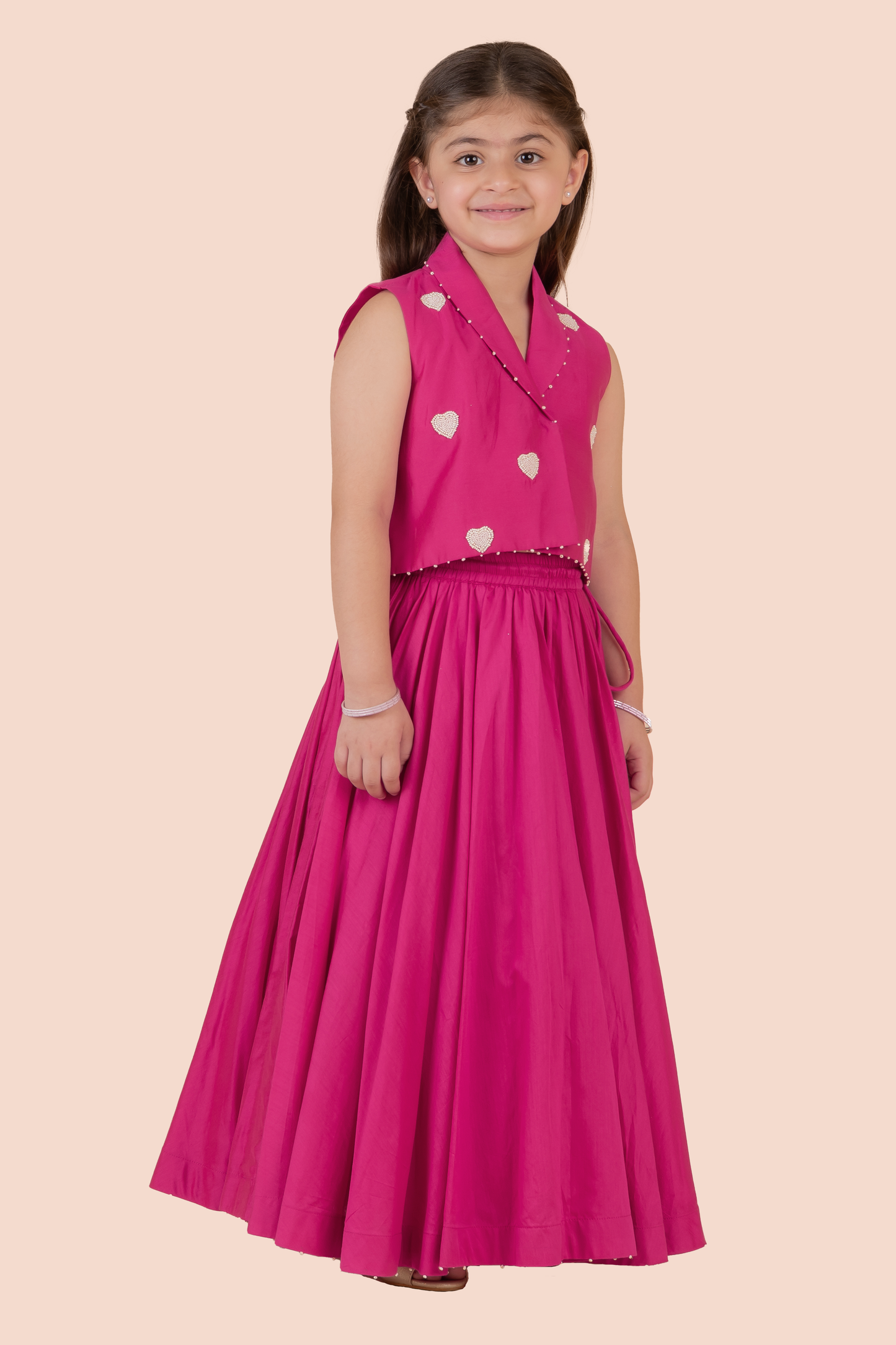 Pink Cotton, Silk Beads Embroidered Heart Motif Blazer And Lehenga Set