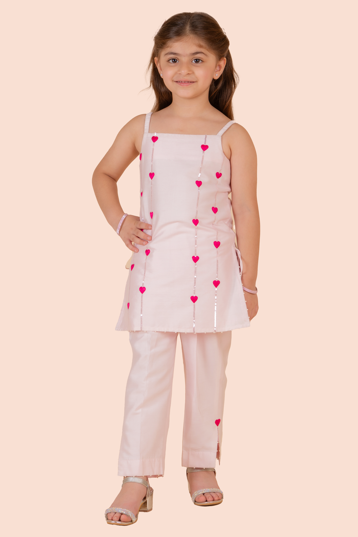 Light Pink Cotton Silk Sequins Heart Embroidered Kurta Set