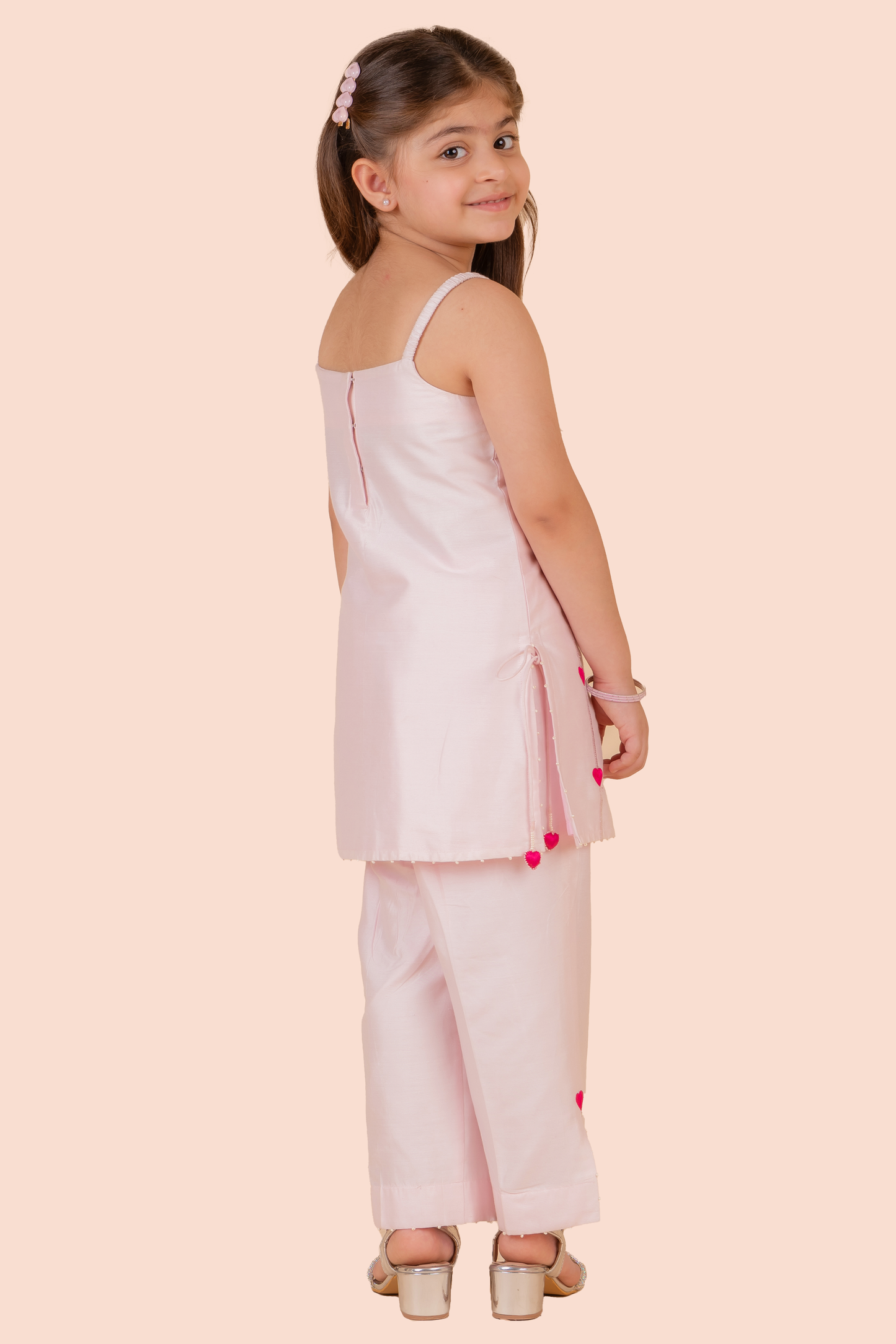 Light Pink Cotton Silk Sequins Heart Embroidered Kurta Set