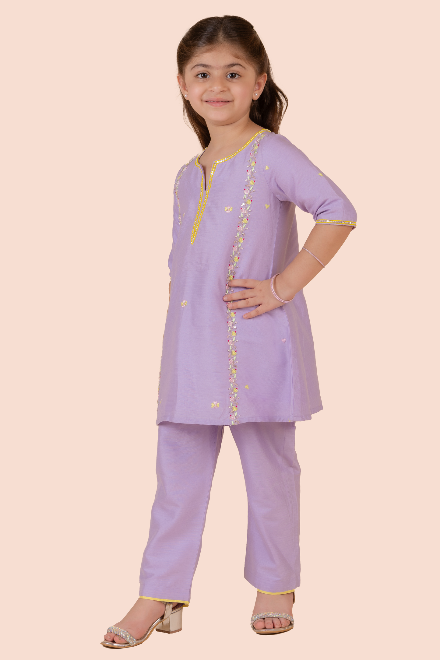 Lavender Cotton Silk Heart Embroidered A-Line Kurta Set