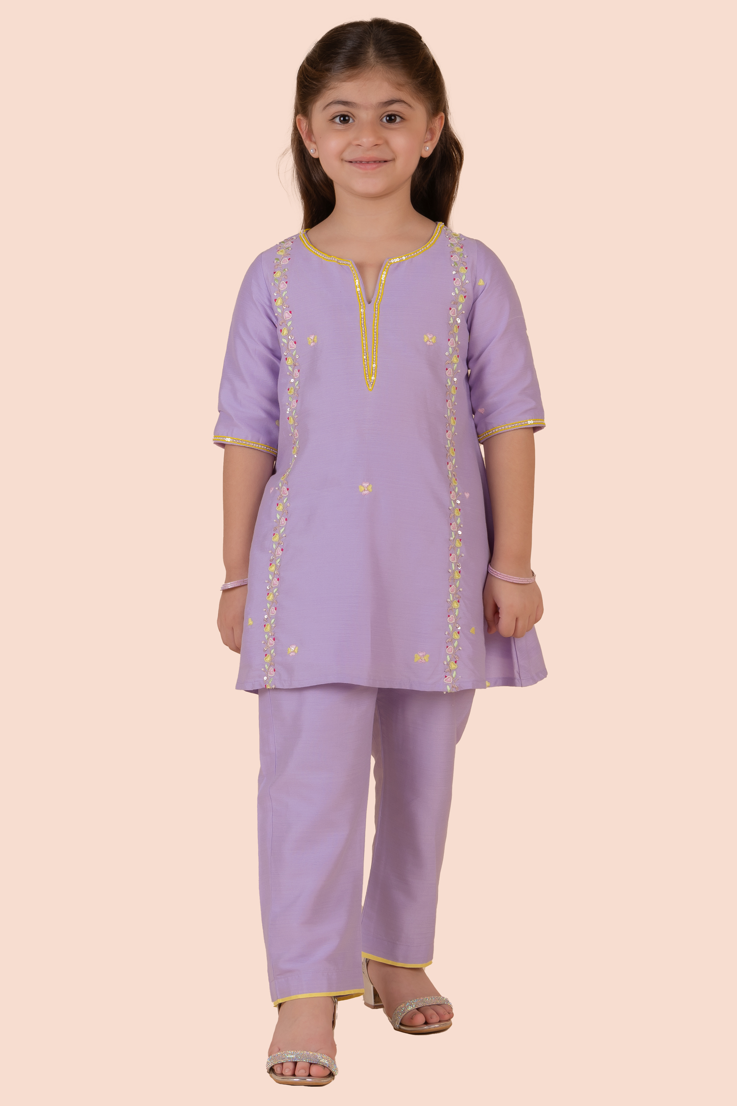 Lavender Cotton Silk Heart Embroidered A-Line Kurta Set