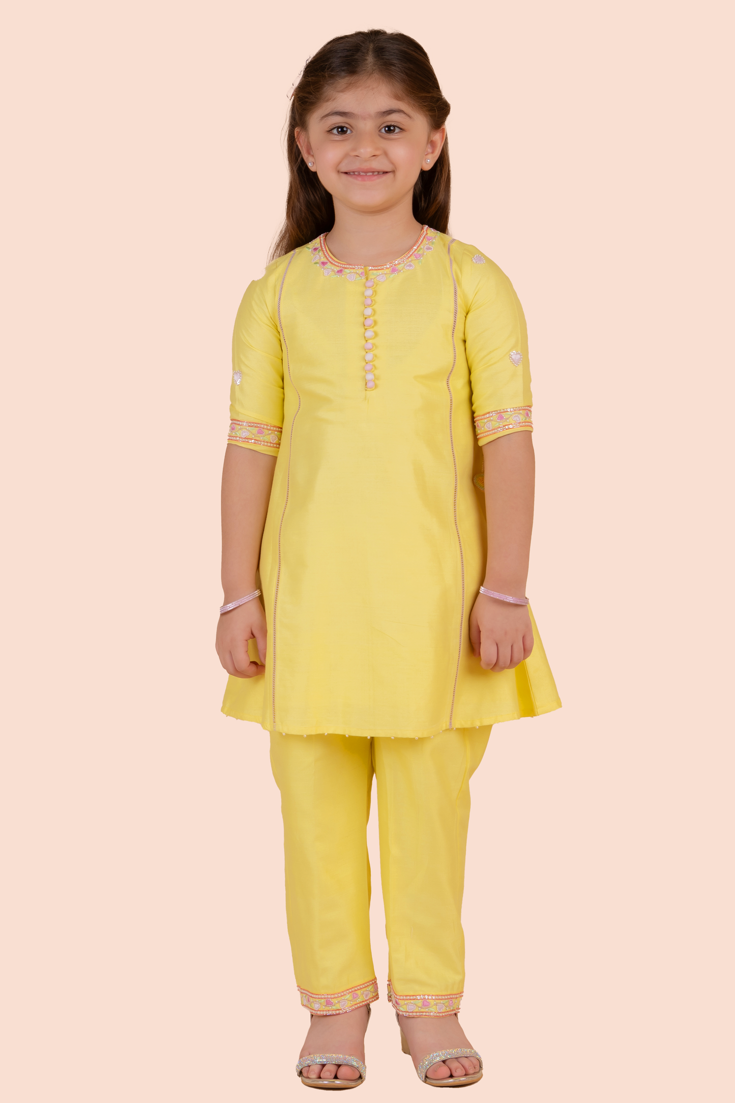 Yellow Cotton Silk Heart Embroidered A-Line Kurta Set