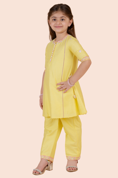 Yellow Cotton Silk Heart Embroidered A-Line Kurta Set