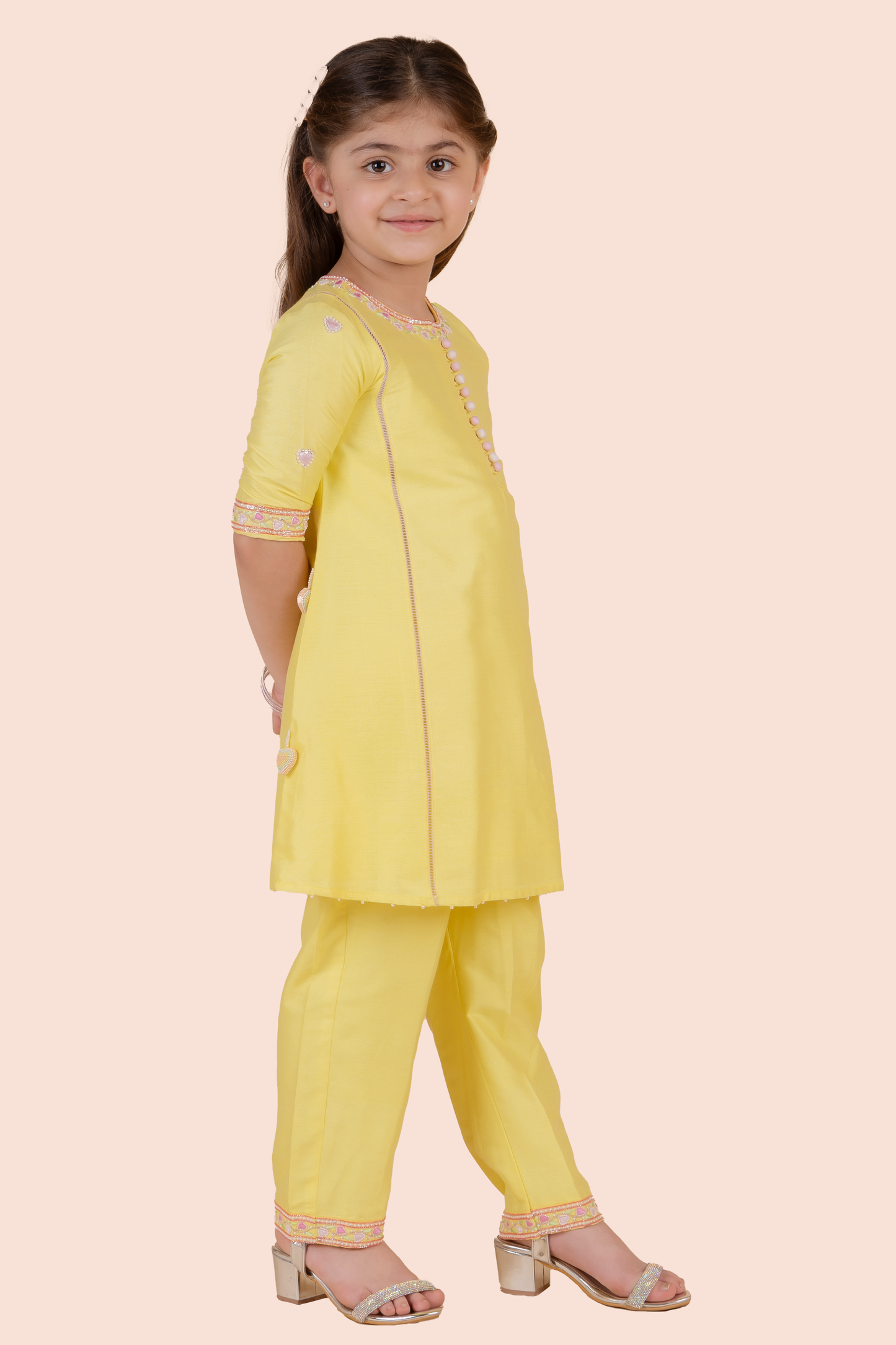 Yellow Cotton Silk Heart Embroidered A-Line Kurta Set