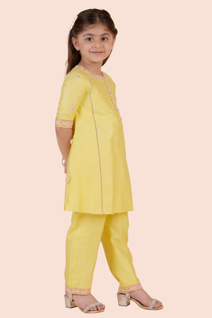 Yellow Cotton Silk Heart Embroidered A-Line Kurta Set