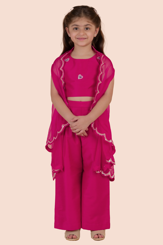 Rani Pink Cotton Silk & Organza Sequins Embellished Cape Set