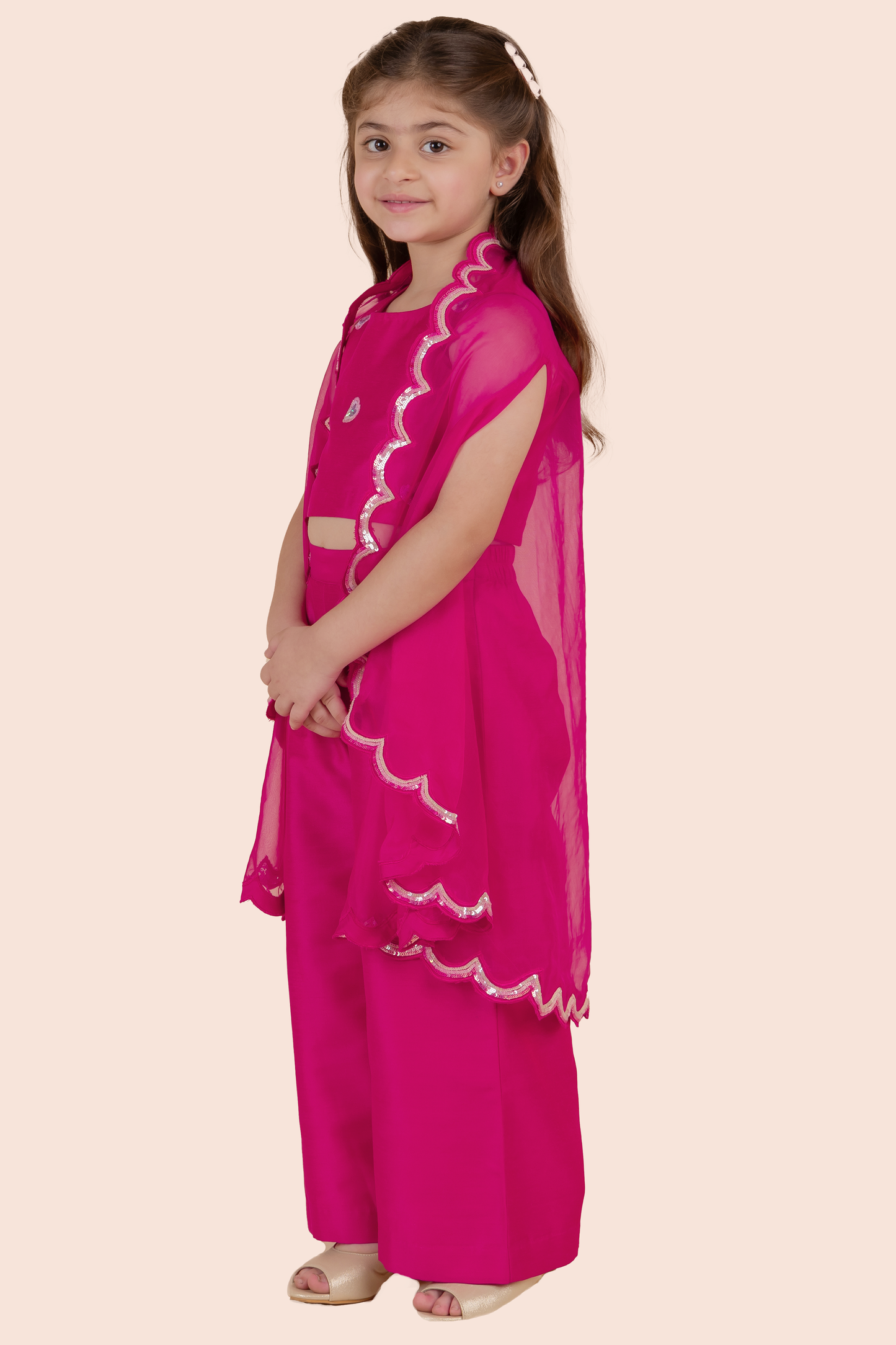 Rani Pink Cotton Silk & Organza Sequins Embellished Cape Set