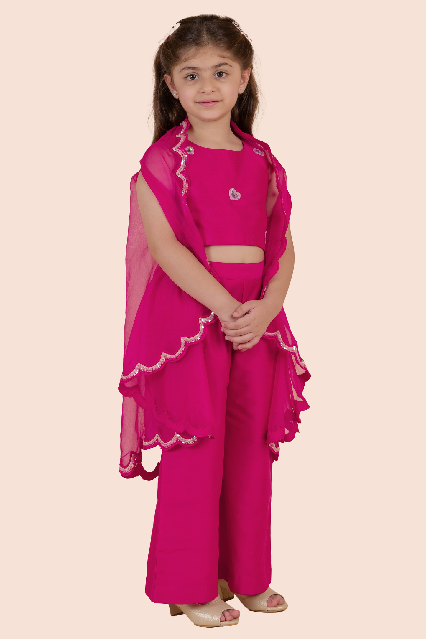 Rani Pink Cotton Silk & Organza Sequins Embellished Cape Set