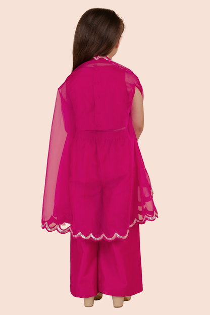 Rani Pink Cotton Silk & Organza Sequins Embellished Cape Set