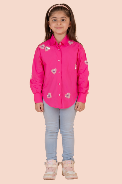 Pink Cotton Sequins Fuchsia Heart Shirt