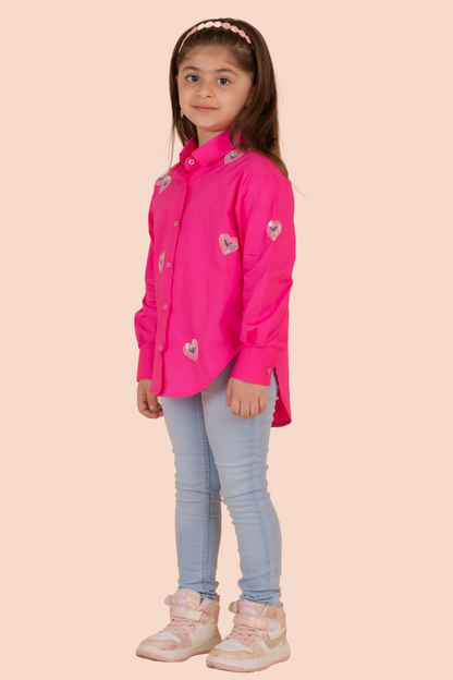 Pink Cotton Sequins Fuchsia Heart Shirt