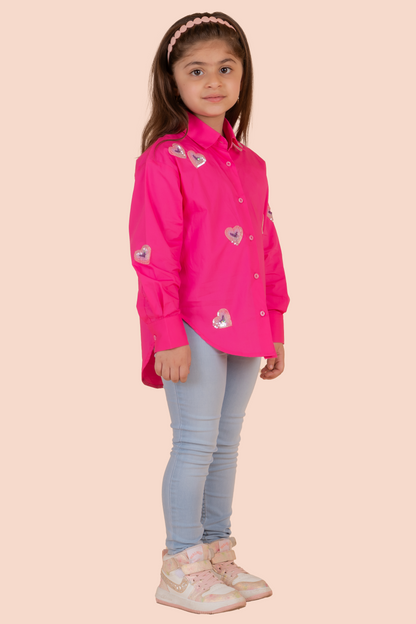 Pink Cotton Sequins Fuchsia Heart Shirt