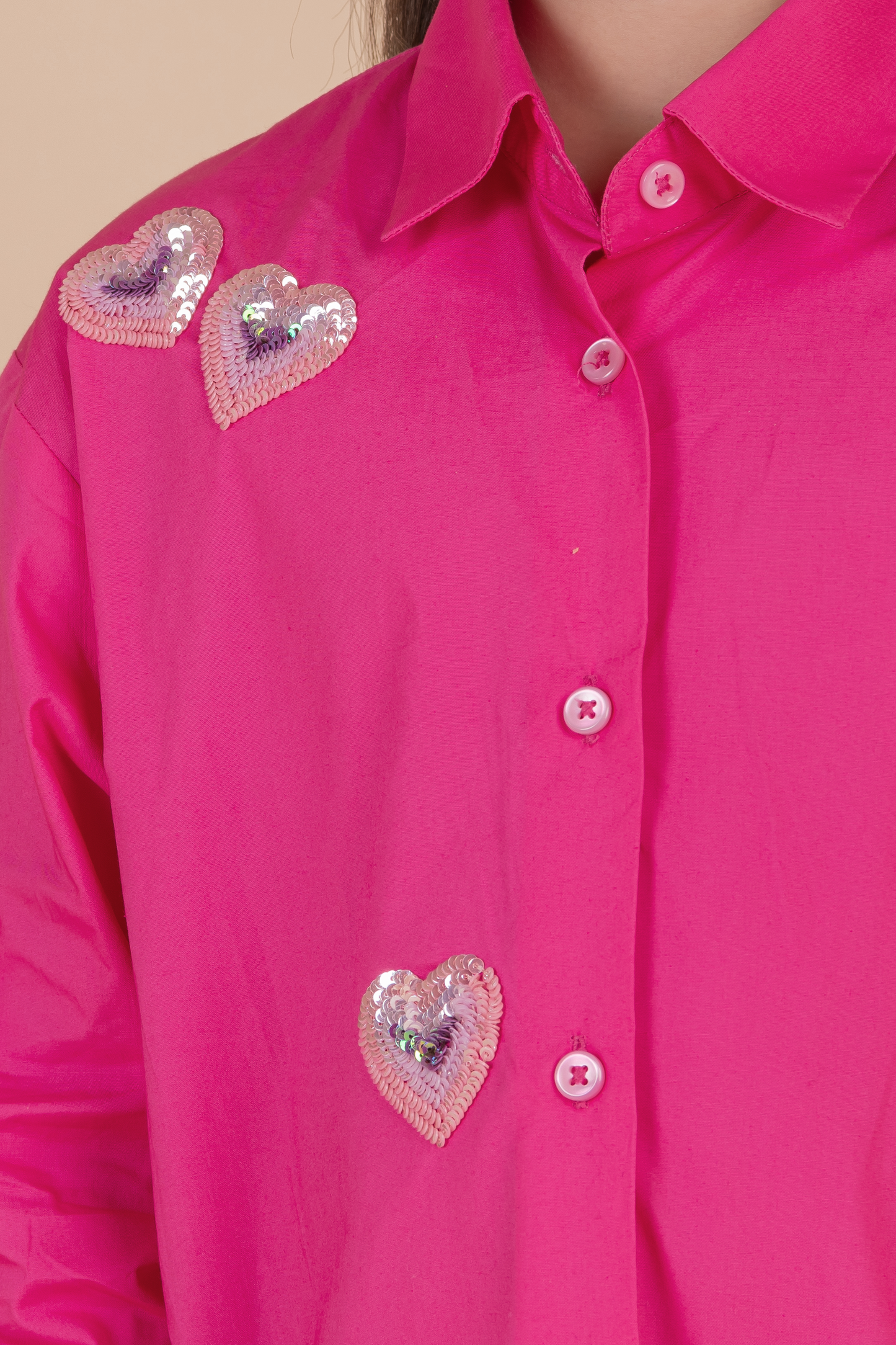 Pink Cotton Sequins Fuchsia Heart Shirt