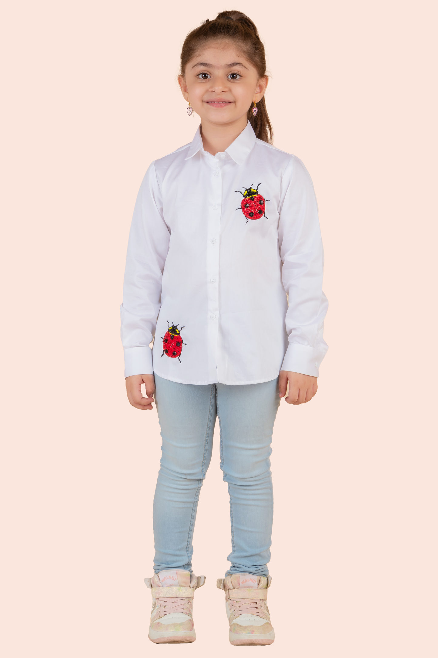White Cotton Satin Embroidery Ladybug Shirt