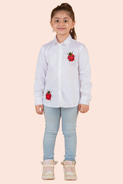 White Cotton Satin Embroidery Ladybug Shirt