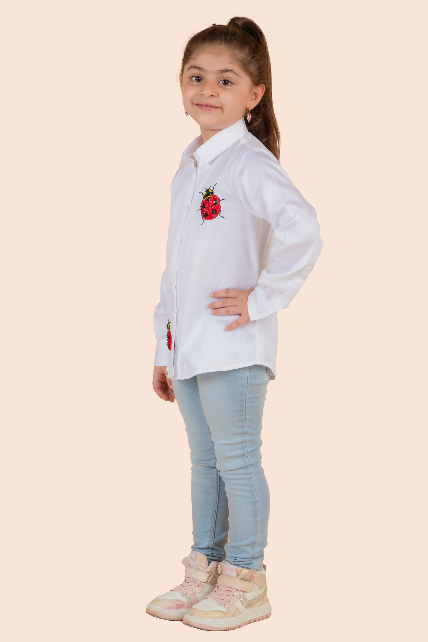 White Cotton Satin Embroidery Ladybug Shirt